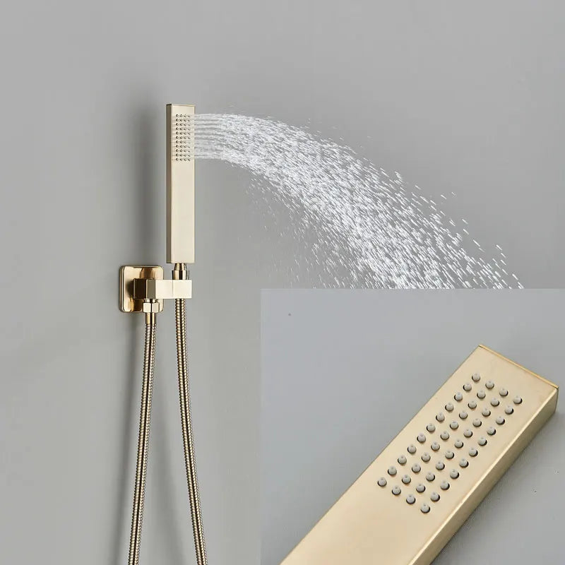 Torneira termostática de luxo para chuveiro, conjunto de chuveiro com led, montagem no teto, cascata e chuvas, sistemas de chuveiro de banheiro, misturador de chuveiro de 3 vias