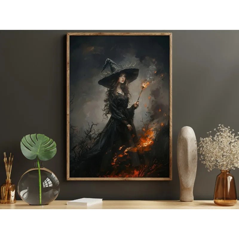 Pôster de Decoração de Parede de Halloween: Bruxa Sombria no Bosque com Flores - Impressão em Tela Sem Moldura para Decoração Festiva de Casa - Kasa & Pet
