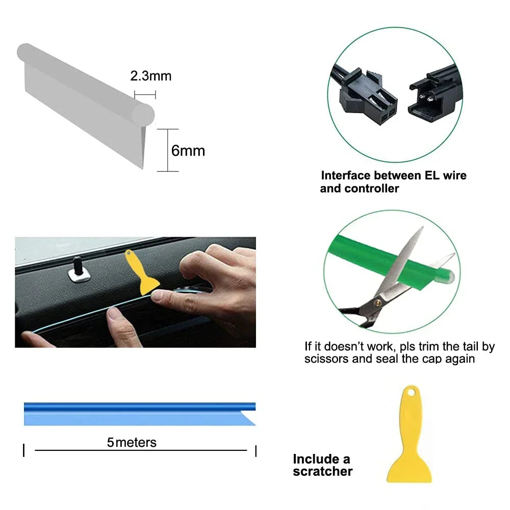 5m interior do carro conduziu a luz de tira néon el fiação lâmpada decorativa para auto diy flexível luz ambiente usb festa atmosfera diodo