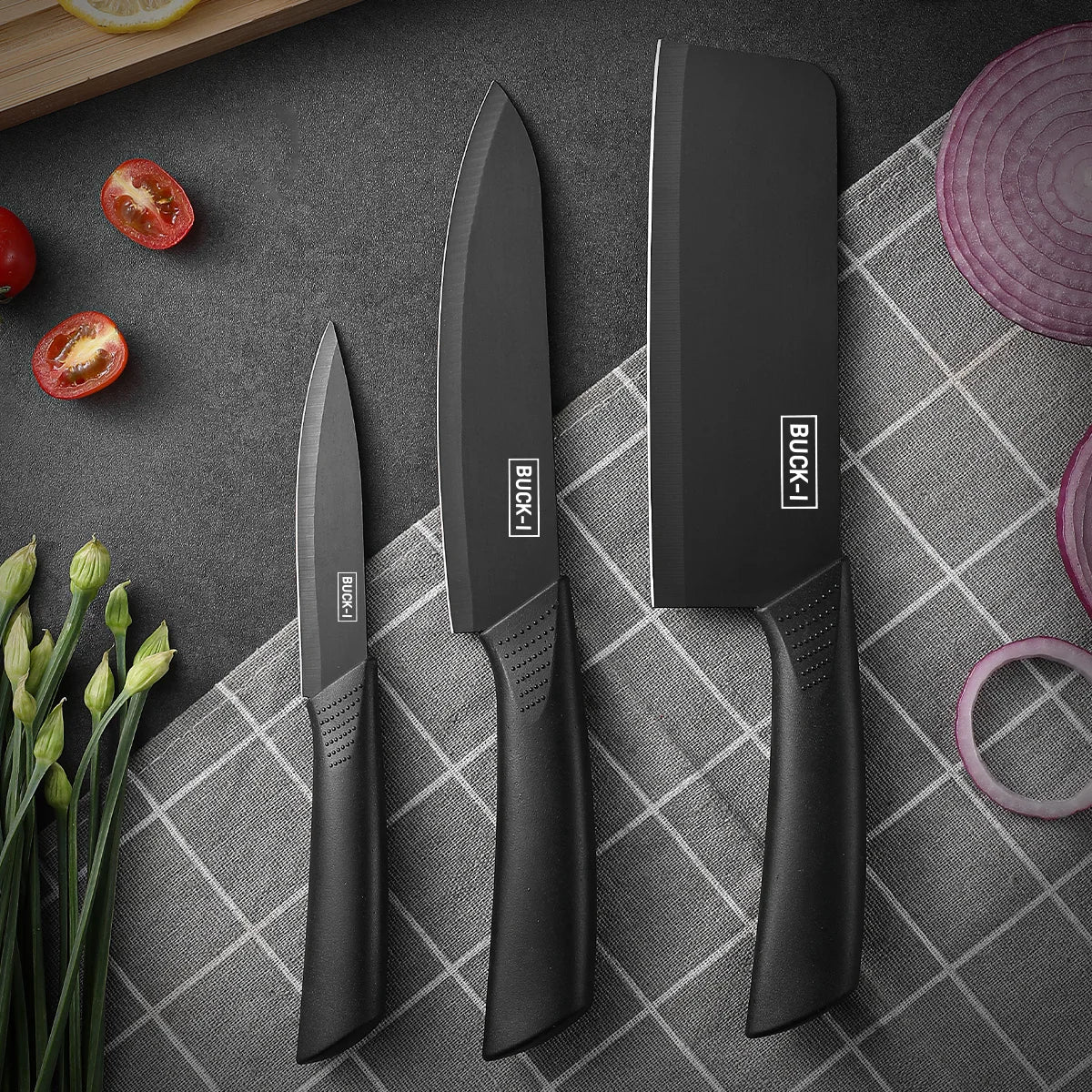 Conjunto de facas de cozinha, incluindo cutelo, faca de chef e faca para frutas, com bloco de facas, adequado para descascar carne e vegetais.