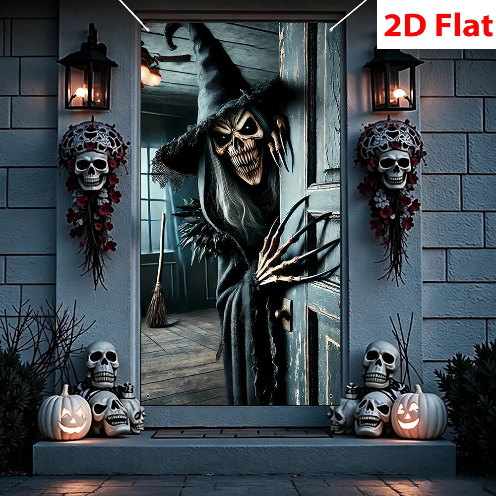 Decoração Assustadora de Halloween: Esqueleto e Bruxa para Porta, Casa Assombrada, Varanda, Garagem, Cenário de Festa de Terror e Fundo para Fotos