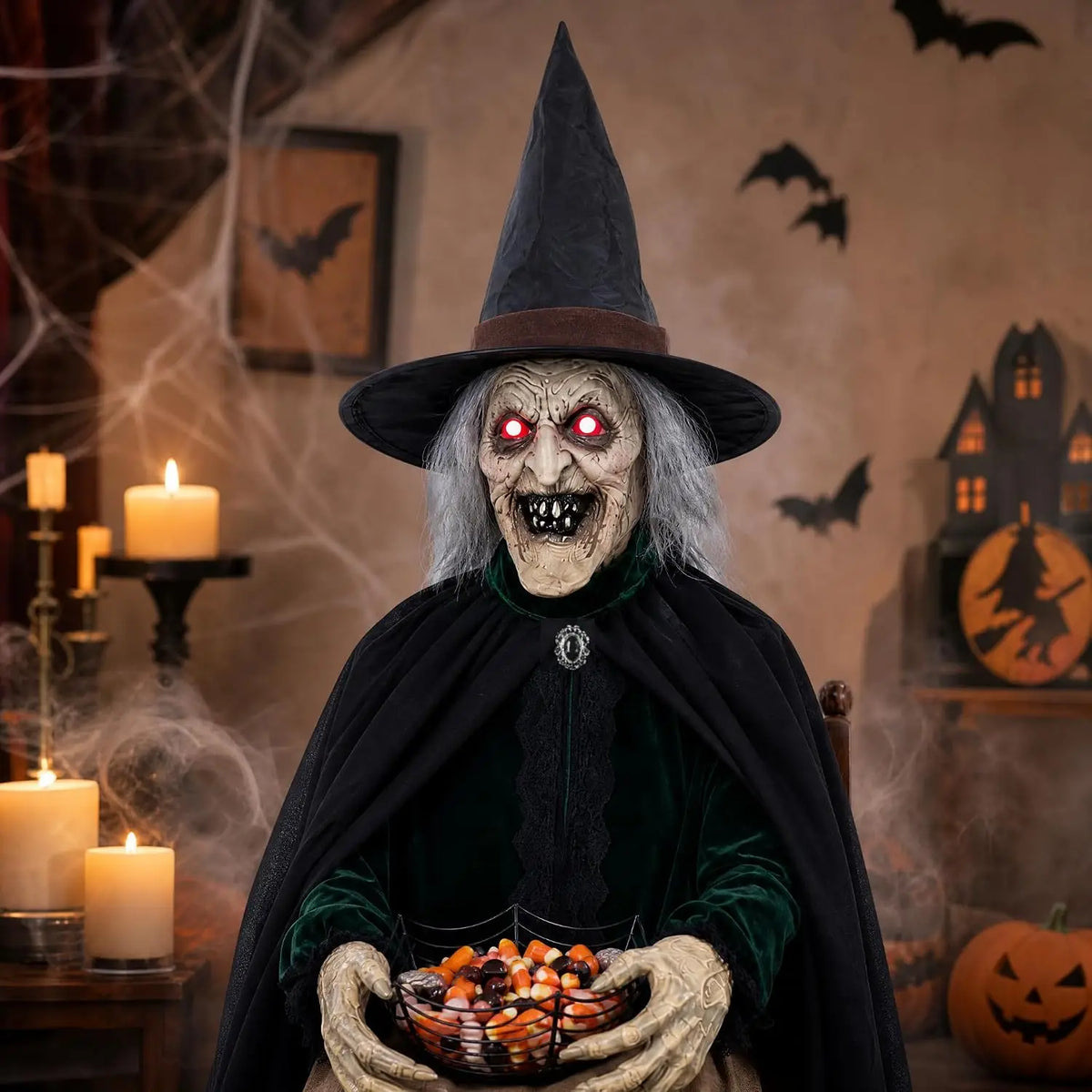 Decorações de Bruxa Animadas para Halloween com Som e Movimento, Olhos Brilhantes, Decoração Assustadora para Varanda e Jardim