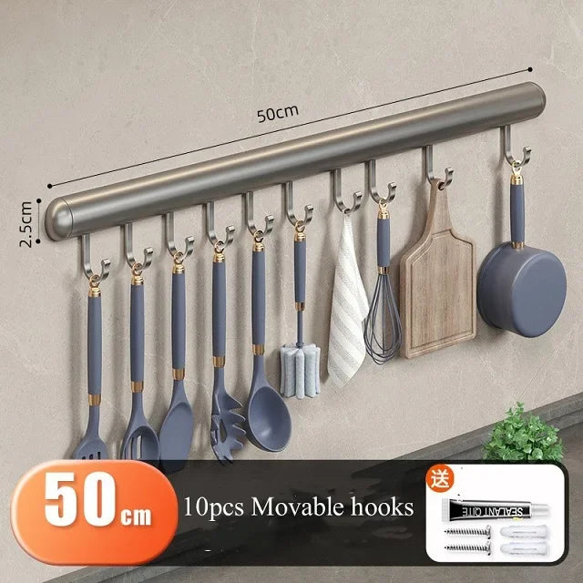 Suporte de gancho de cozinha, haste de suspensão sem perfuração, rack de armazenamento de parede, espátula, colher, espaço removível, cabides de gancho de alumínio
