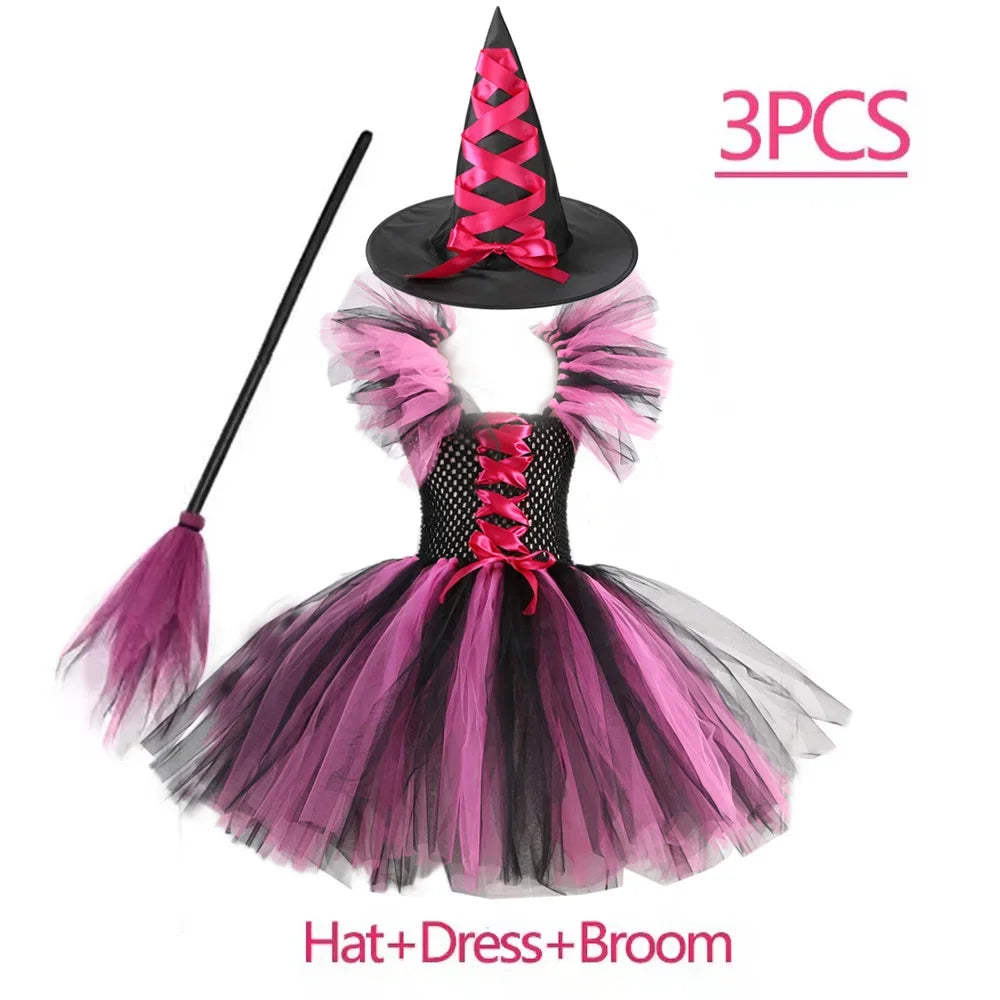 Crianças trajes de bruxa de halloween para meninas carnaval festa fantasia vestido crianças bruxas disfarce tutu roupa com vassoura chapéu