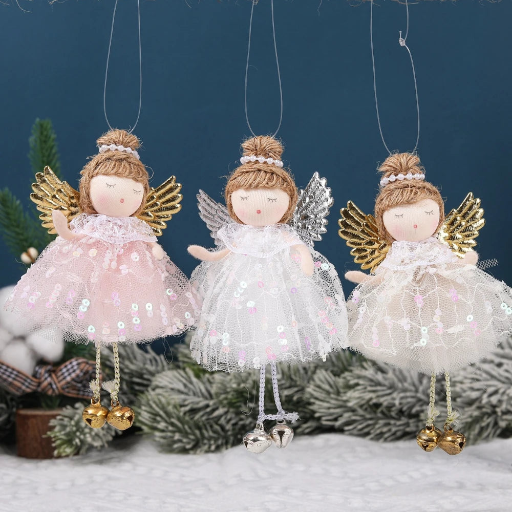 Natal Pendurado Malha Sequin Saia, Anjo Xmas Árvore Pingente Enfeites, Decoração de Casa, Noel, Presentes, 2022