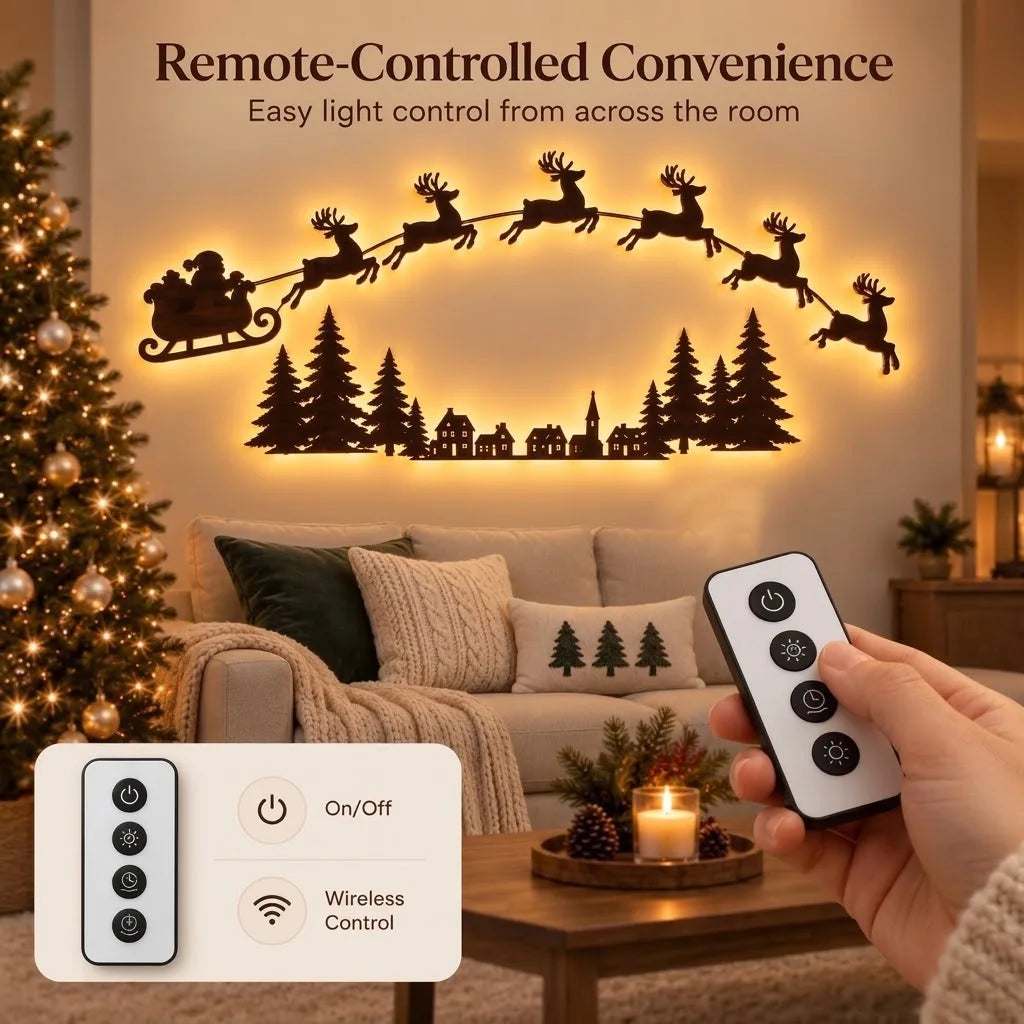 Decoração de parede natalina com luzes LED, trenó do Papai Noel, renas, árvore de pinheiro, encaixe recortado, para pendurar na moldura da porta, decoração para festas e celebrações em casa.