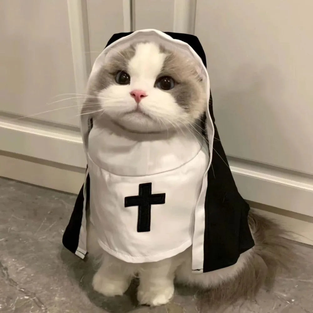 Fantasia de Natal para Cães e Gatos, Roupa Respirável de Freira para Filhotes e Gatinhos, Acessórios para Fantasia de Halloween, Macacão para Animais de Estimação
