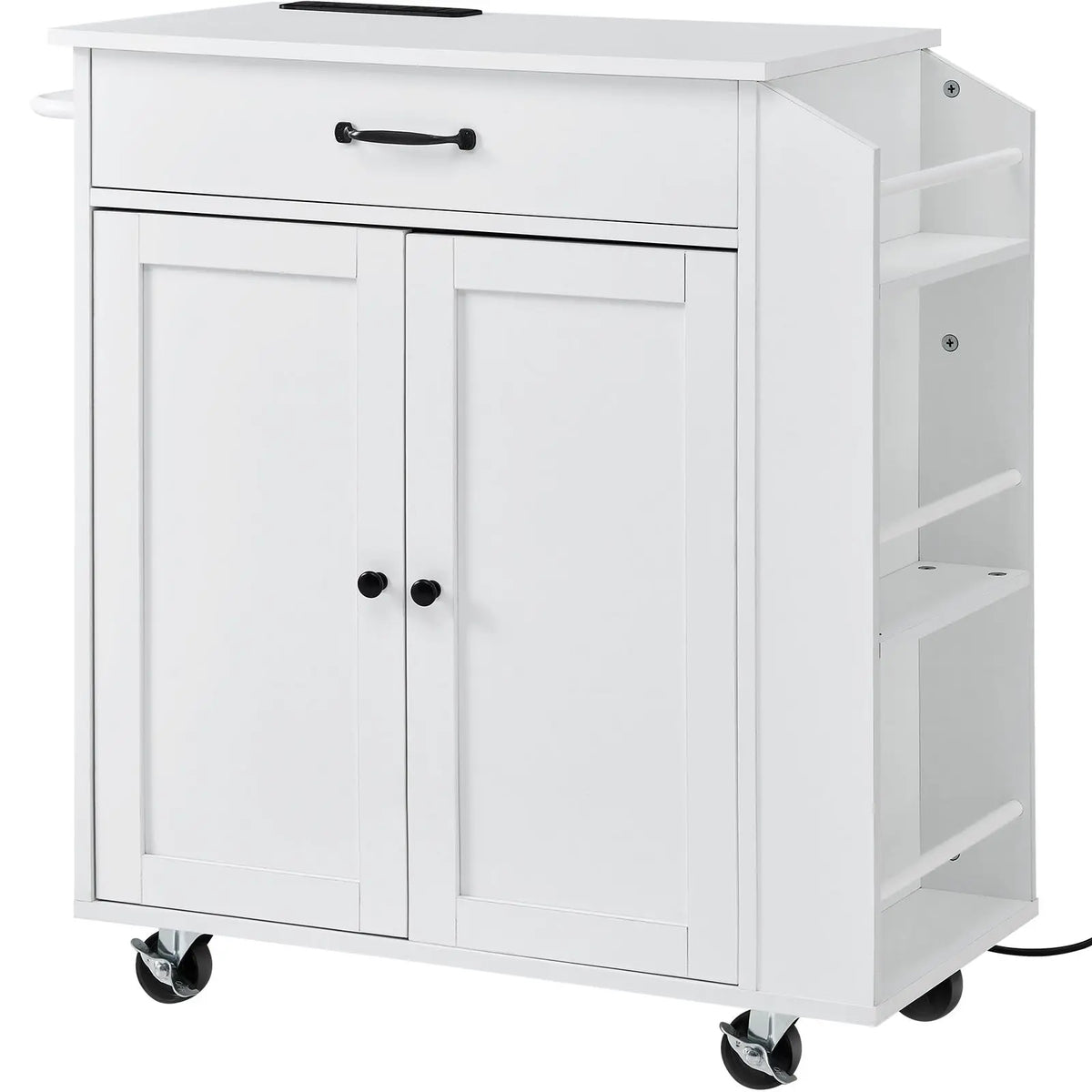 "Marble & Metal 32" Mobile Kitchen Cart with Storage Power Outlet Spice Rack & Towel Bar"