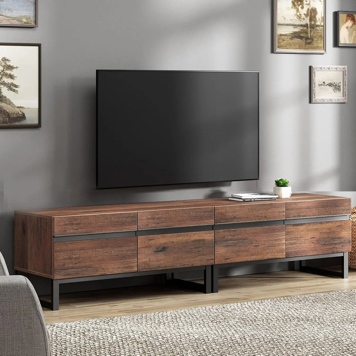 Suporte de TV Moderno para TVs de 50-75 Polegadas, Centro de Entretenimento em Madeira com Armários de Armazenamento de Base Metálica, Console de TV Multimídia, Personalizável