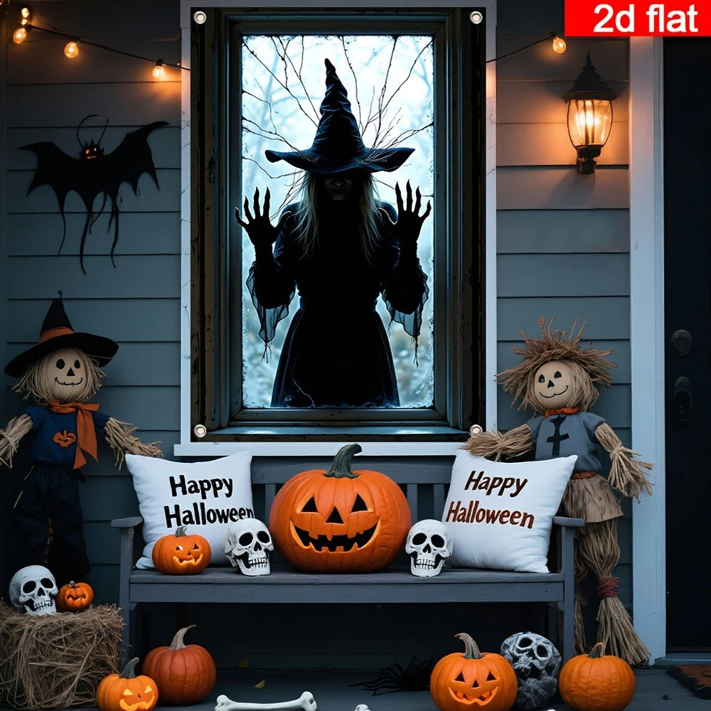 Decoração de Janela de Halloween com Silhueta 2D de Bruxa, Banner e Cortina com Estampa de Mão de Fantasma Assustadora para Festa em Casa e Decoração de Casa Assombrada