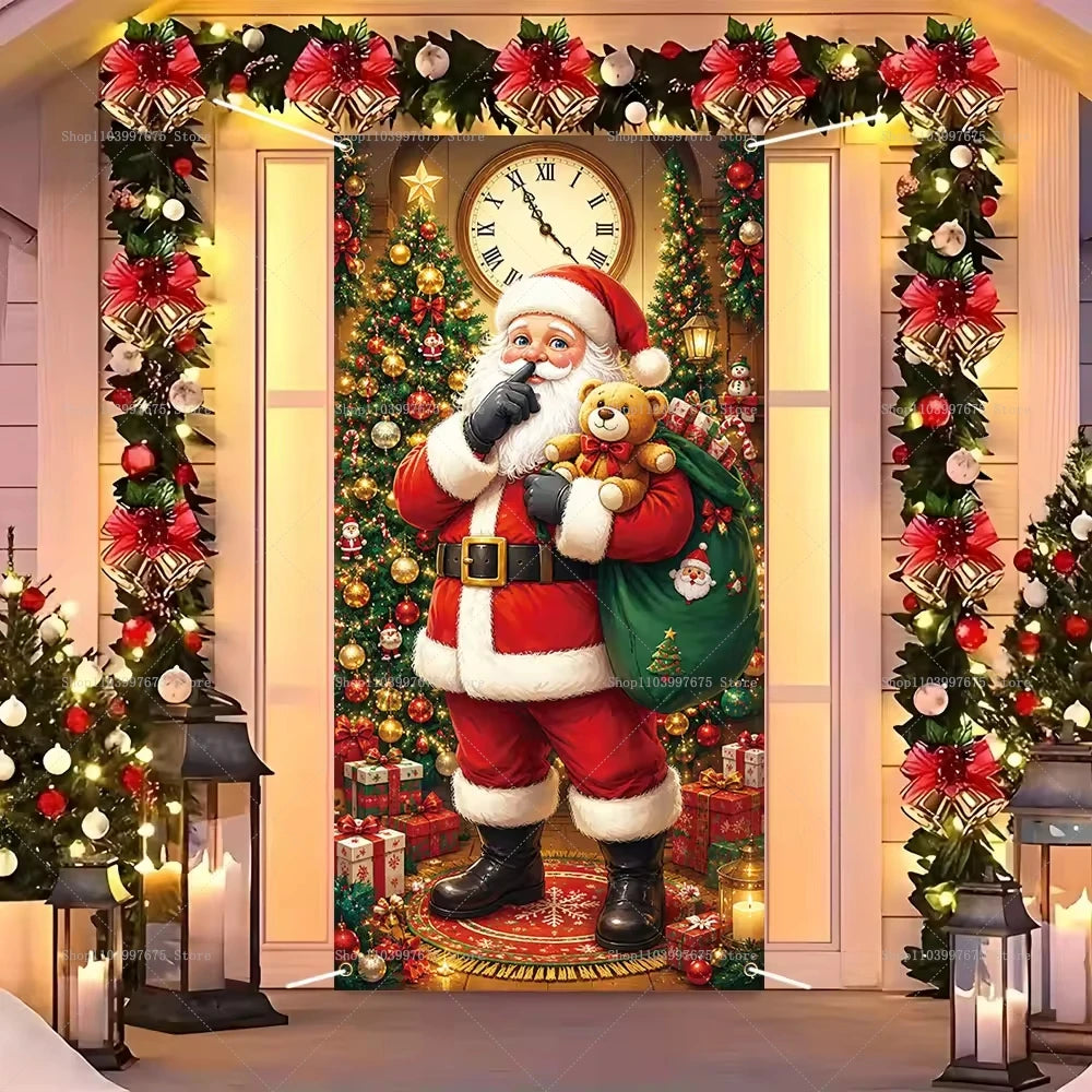 Capa de Porta de Natal com Design de Papai Noel, Rena, Árvore de Natal e Boneco de Neve, Banner Fotográfico, Decorações de Férias de Inverno, Capa de Porta Feliz Natal
