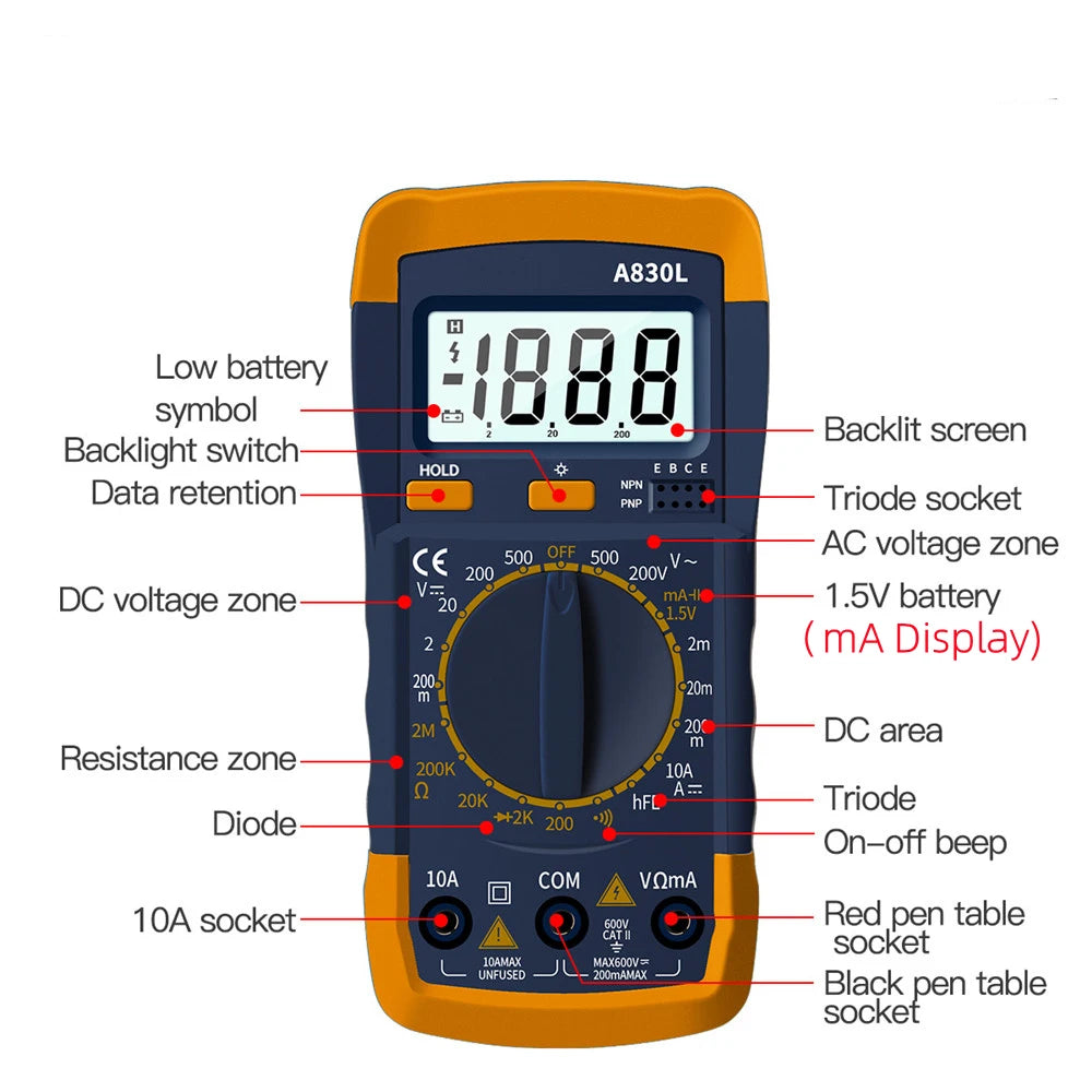 A830l lcd multímetro digital ac dc tensão diodo frequência multitester testador de corrente display luminoso com função campainha