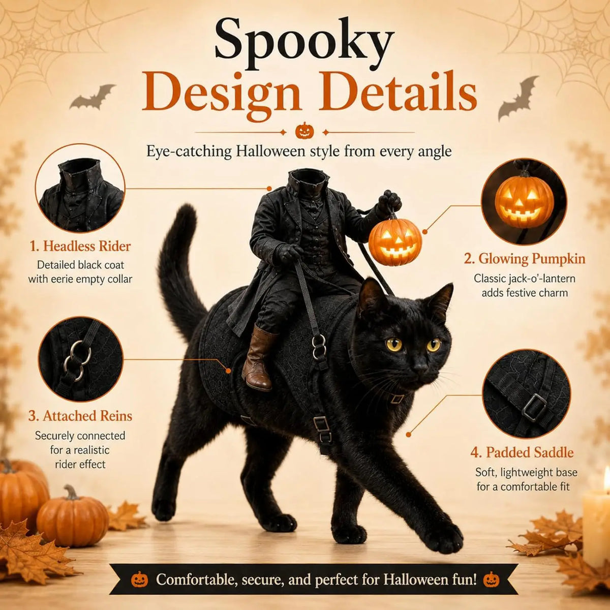 Fantasia de Gato Cavaleiro Sem Cabeça para Festa de Halloween, Ilusão 3D Assustadora de Cavalo, Fantasias de Cavaleiro Sem Cabeça para Animais de Estimação, Cosplay de Cavaleiro das Trevas