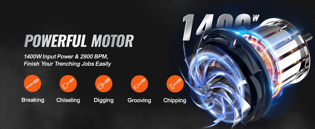 SucceBuy 1400 W Martelo de demolição Martelo elétrico Heavy Duty 2900 BPM Disjuntor de concreto 2 peças Cinzel Bits Chipping