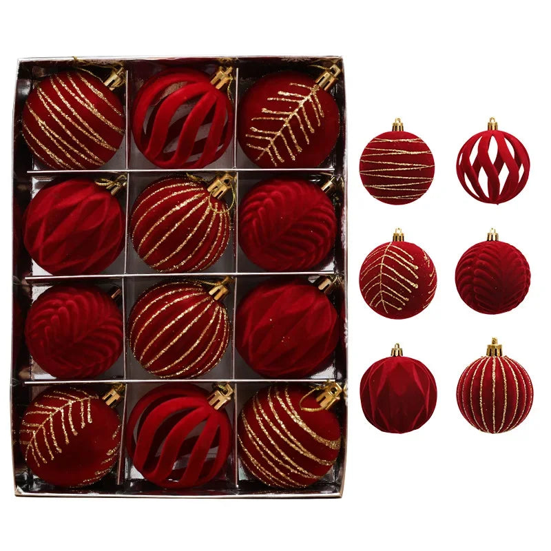 12 Peças de Enfeites de Árvore de Natal em Veludo, Bolas de Natal Flocadas, Decorações de Bolas de Natal, Enfeites de Natal para Pendurar na Árvore