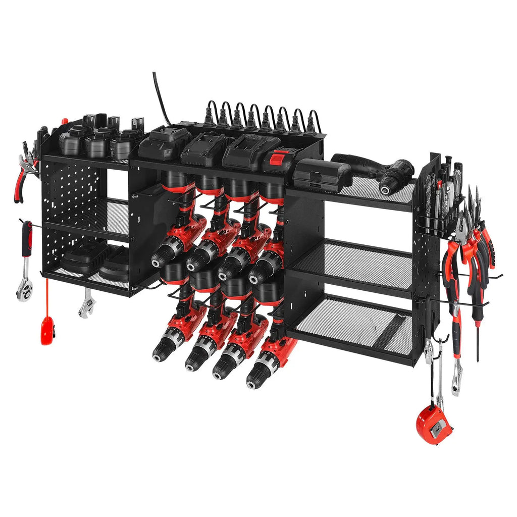 "Wall-mounted 3-layer Power Tool Charging Station with 5.58 ft Power Strip & 8 Drill Holders"