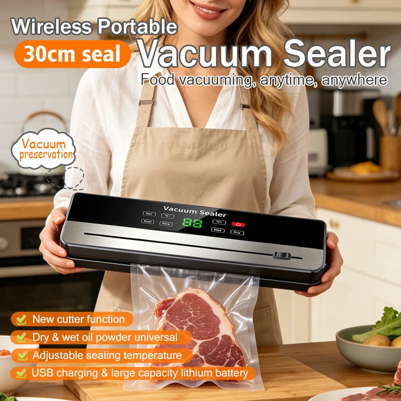 Selador a Vácuo Portátil com Forte Sucção e Carregamento Sem Fio USB |   Selador de Alimentos Secos/Úmidos para Cozinha