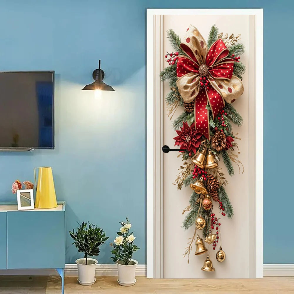 1 decoração de parede de Natal - decoração suspensa com sinos vermelhos e folhas verdes - decoração de sala de férias, design de férias