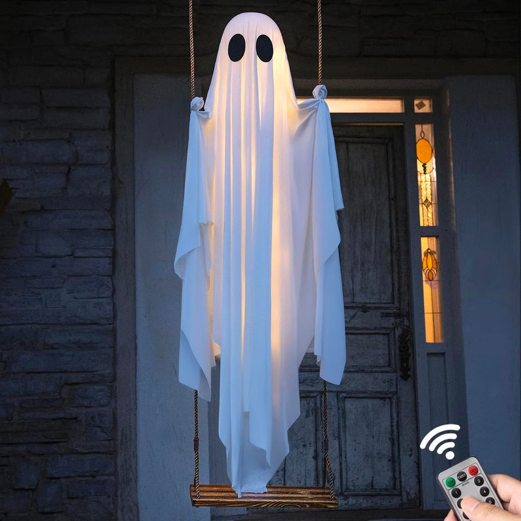 Decoração Suspensa de Fantasma Balançante para Halloween, Ornamento de Fantasma Branco Luminoso, Decoração para Casa Assombrada, Varanda, Quintal, Festa de Terror ao Ar Livre.