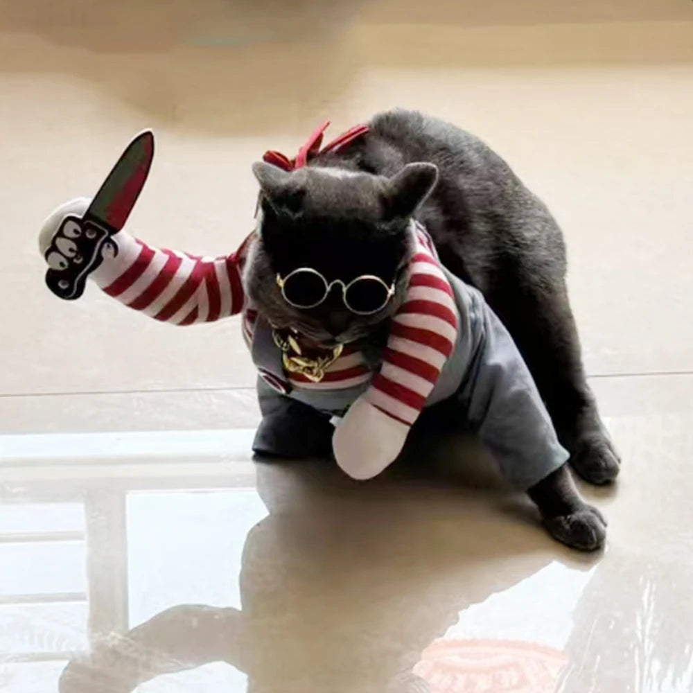 Engraçado roupas para animais de estimação halloween gato trajes cosplay camisa cão macacão segurando faca conjunto filhote de cachorro gatinho vestuário festa presentes suprimentos