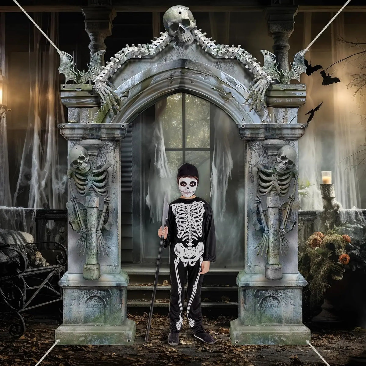 Halloween esqueleto decorações de festa lápides assustadores porta banner morcegos assustadores cabine de foto adereços grande horror cemitério photograp - Kasa & Pet