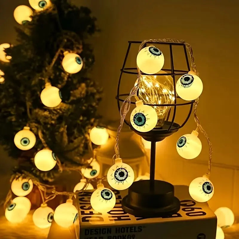 Decorações de Halloween, Luzes de Cordão em Forma de Olho, Luzes LED de Fada, Decoração de Festa de Terror, Funcionamento a Bateria