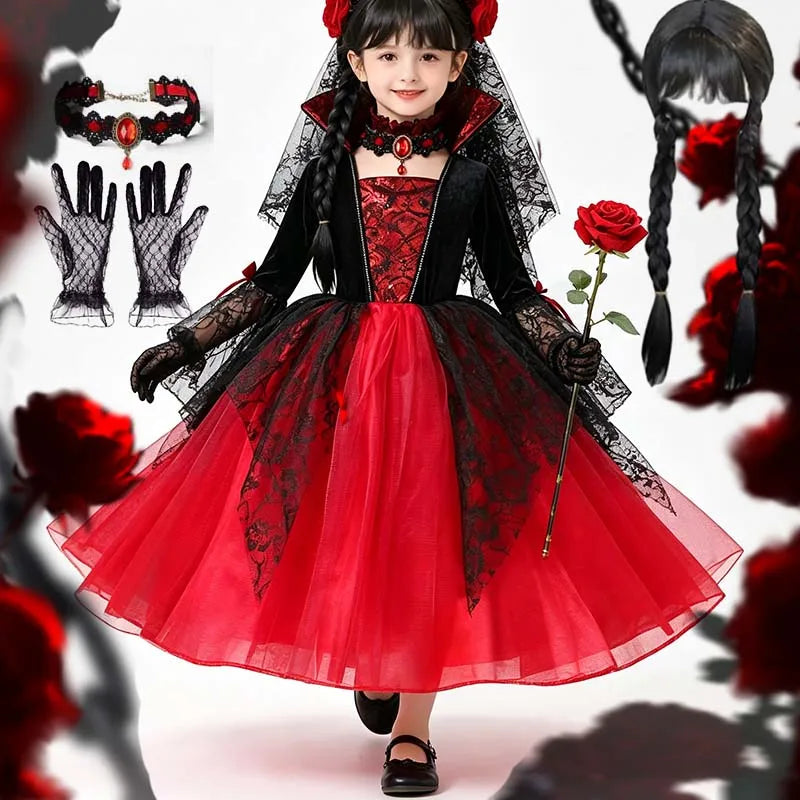 Fantasia de Halloween para Meninas: Cosplay Gótico de Noiva Fantasma, Bruxa, Vampira, Vestido Tutu Vermelho e Preto, Peruca, Véu, Kits para Festas de Halloween
