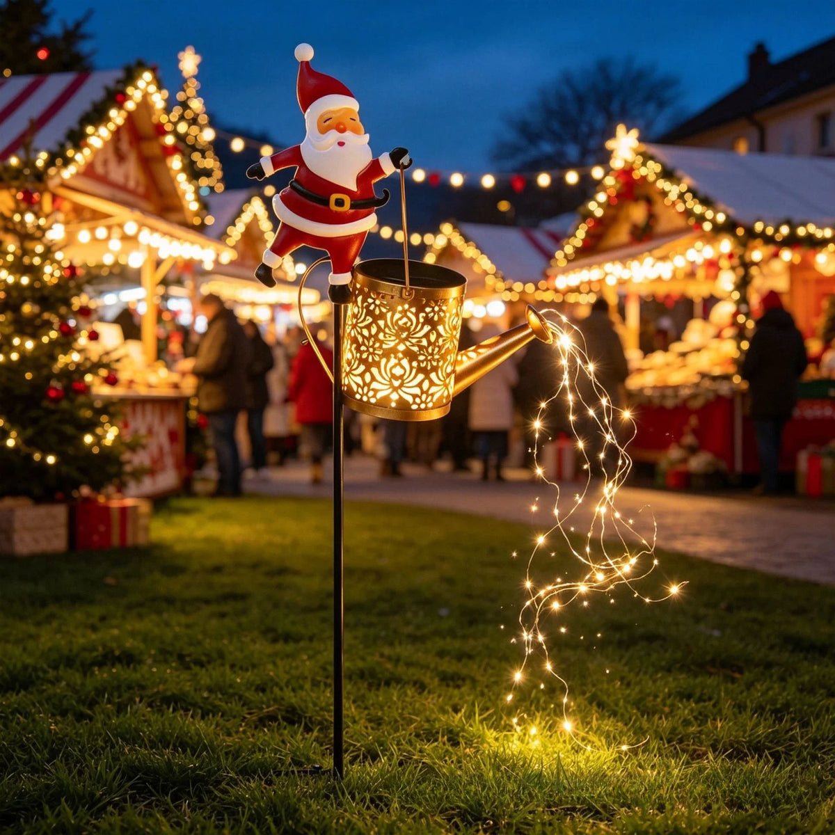 Lanterna Solar de Natal com Papai Noel para Jardim, Regador de Metal à Prova d'Água para Decoração de Quintal e Pátio