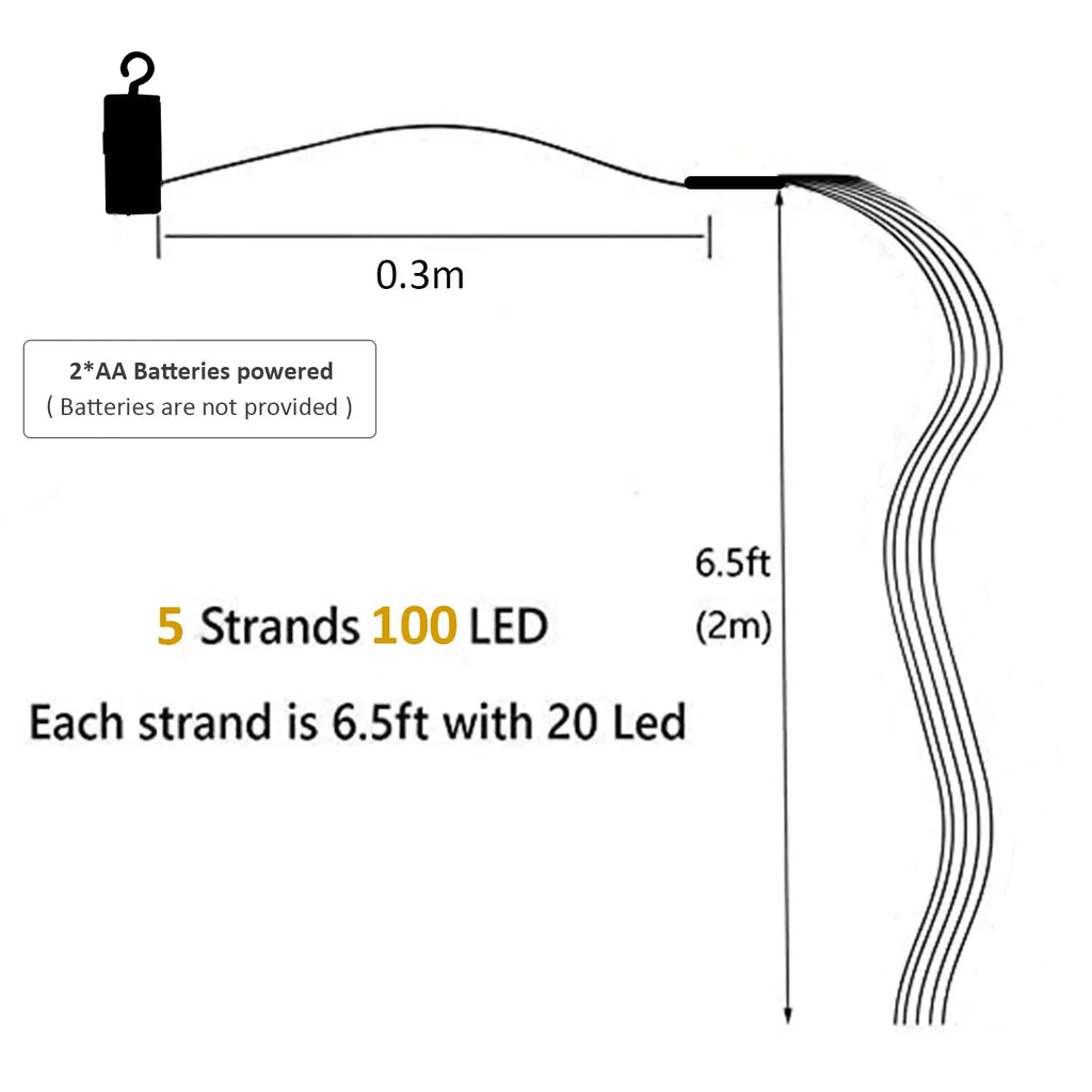 Luzes LED do ramo do Natal, ornamentos do jardim, guirlanda, lâmpadas da cachoeira, decoração exterior da casa, festa de casamento, 2m, 100Leds