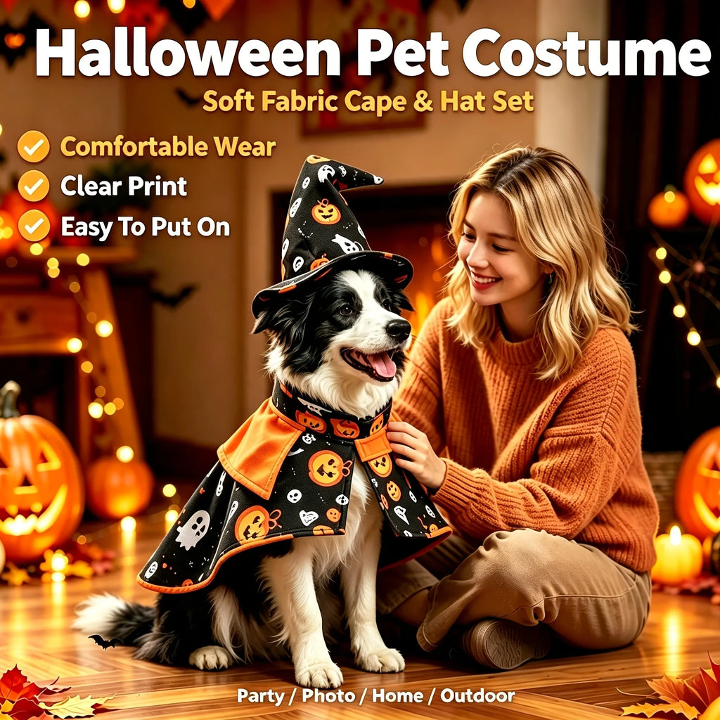 Fantasia de Halloween para Gatos: Conjunto de Capa de Abóbora e Chapéu de Mago com Estampa Divertida de Mago para Ambiente Festivo, Festa e Fotografia