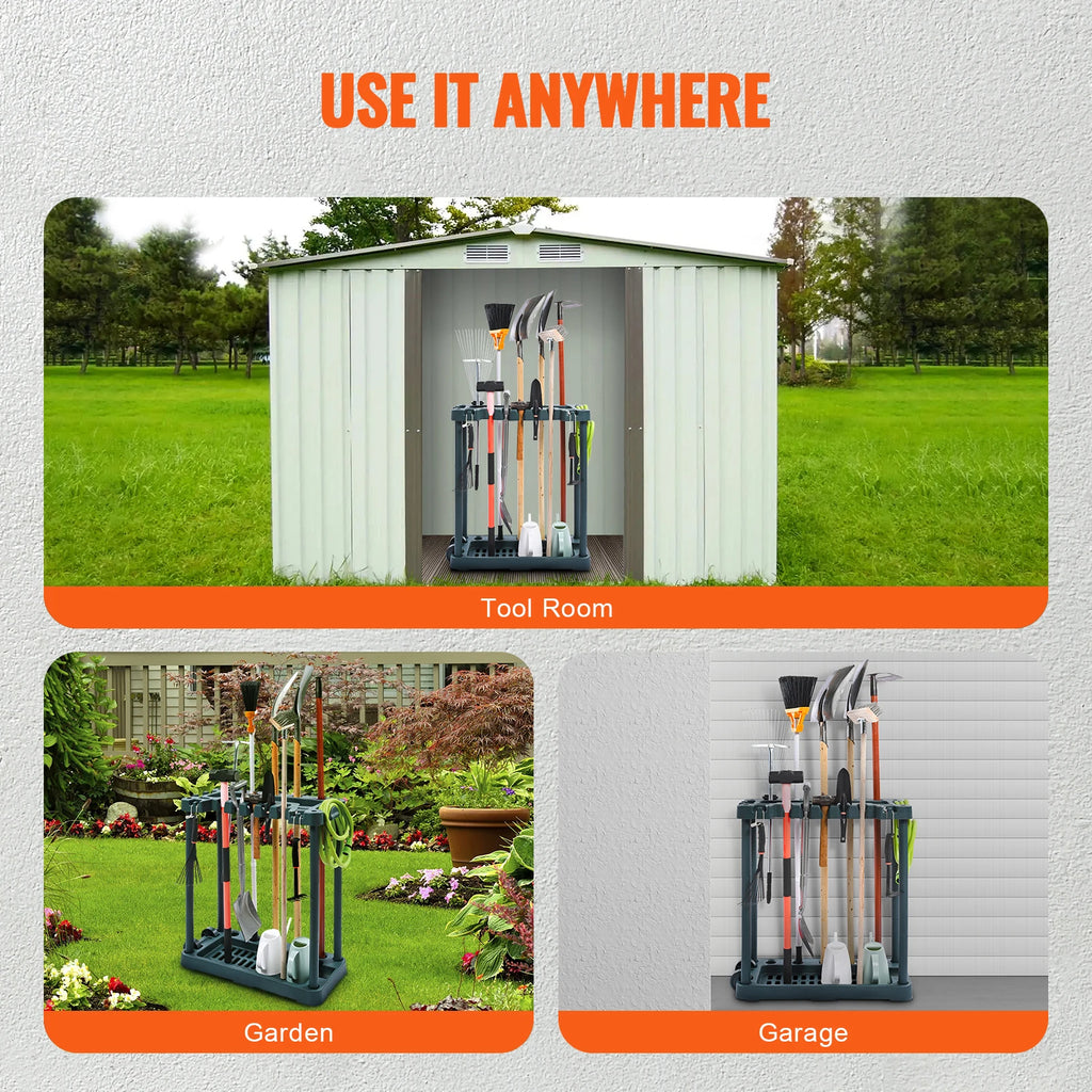 SucceBuy Organizador de ferramentas de jardim com 10 espaços, ferramenta de alça longa/rolo/torre de quarto, suporte de rack de armazenamento para organização de garagem