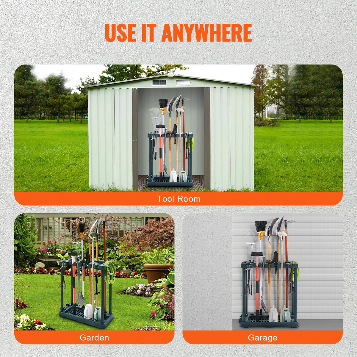 SucceBuy Organizador de ferramentas de jardim com 10 espaços, ferramenta de alça longa/rolo/torre de quarto, suporte de rack de armazenamento para organização de garagem
