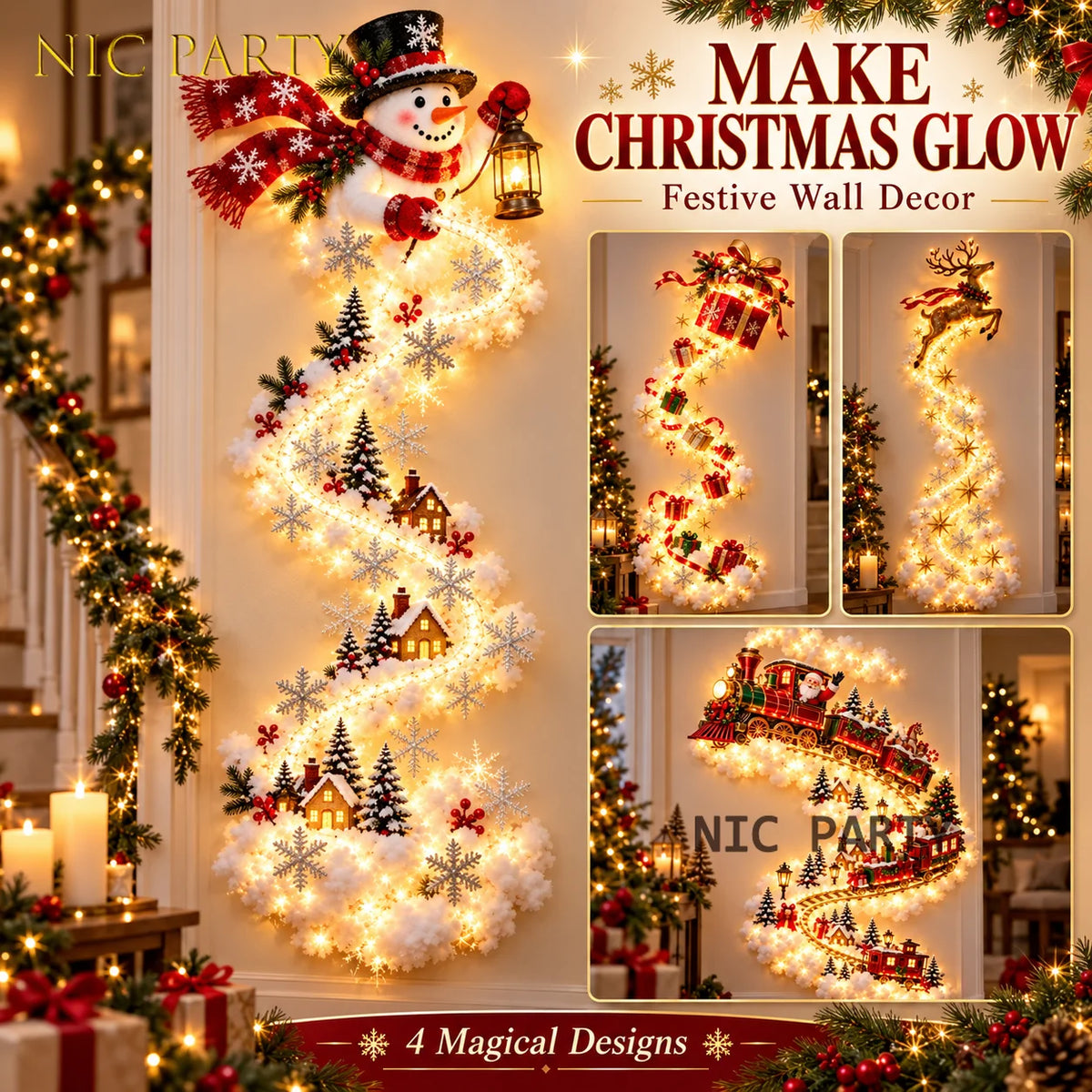 Decoração de parede natalina luminosa, luz de parede para casa, cena mágica de Natal, trenó do Papai Noel, renas, decoração natalina suspensa