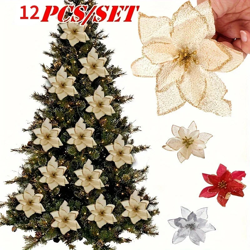 12/24 pçs enfeites de árvore de natal flores artificiais para casa diy pingente de árvore de natal casamento festa de natal decorações de ano novo