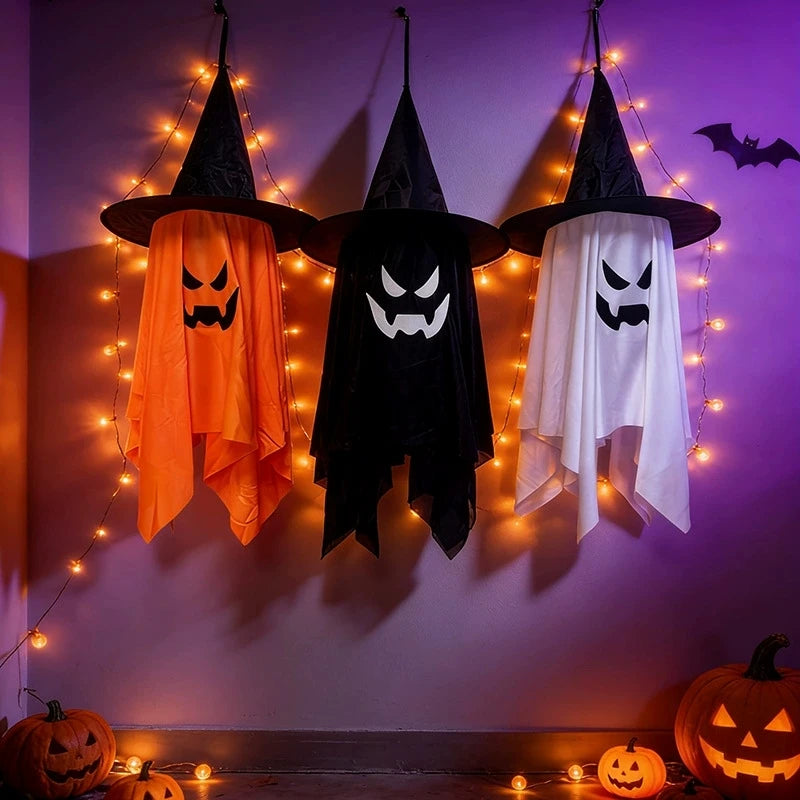 Chapéu de Bruxa LED Brilhante para Halloween, Pendentes de Fantasma, Ornamento Iluminado para Pendurar, Decoração de Porta Externa para Festa de Feriado e Cenário de Jardim