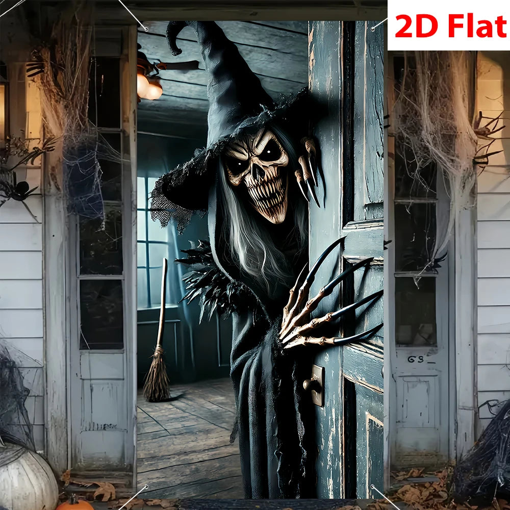Decoração Assustadora de Halloween: Esqueleto e Bruxa para Porta, Casa Assombrada, Varanda, Garagem, Cenário de Festa de Terror e Fundo para Fotos