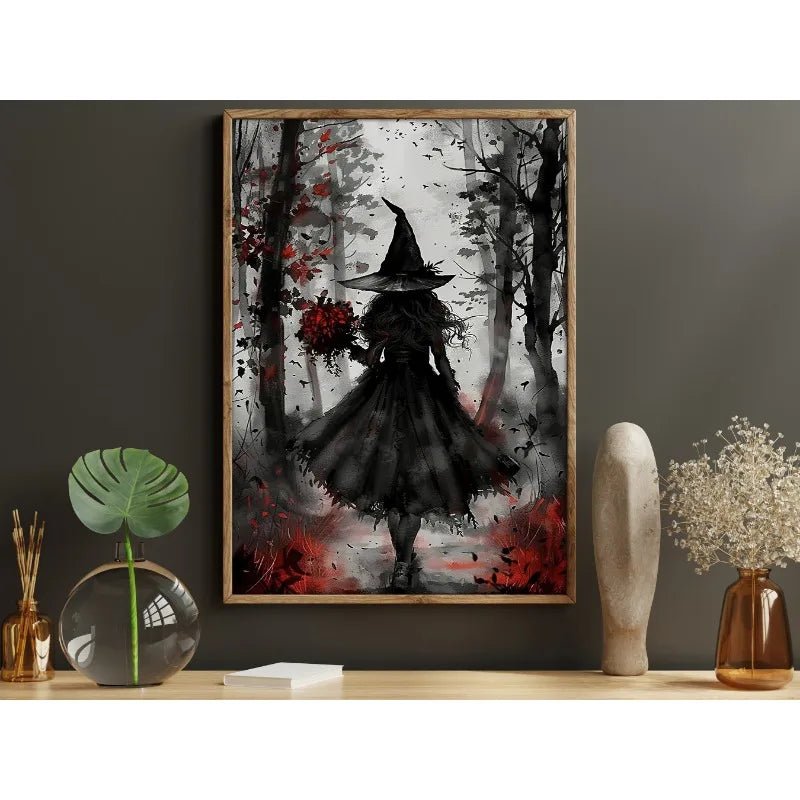 Pôster de Decoração de Parede de Halloween: Bruxa Sombria no Bosque com Flores - Impressão em Tela Sem Moldura para Decoração Festiva de Casa - Kasa & Pet