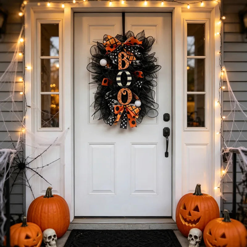 Guirlanda de Halloween BOO de 50x30cm, Decoração de Abóbora para Pendurar na Porta, Decoração de Festa para Porta da Frente, Varanda, Jardim, Parede, Ornamento de Outono
