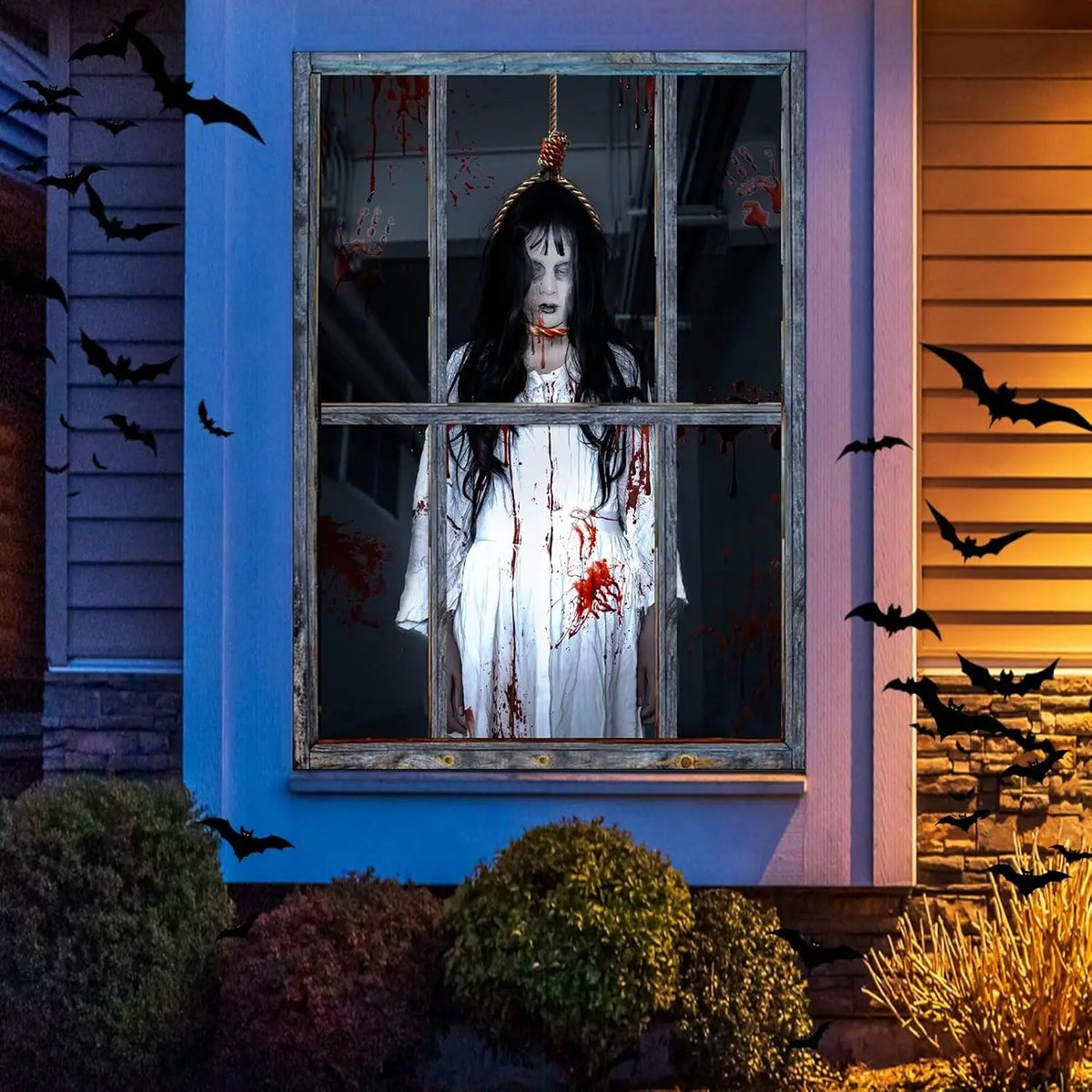 Decorações de capa de janela de Halloween – Tecido assustador, pôster de cortina de silhueta de porta assustadora para decoração de festa interna e externa