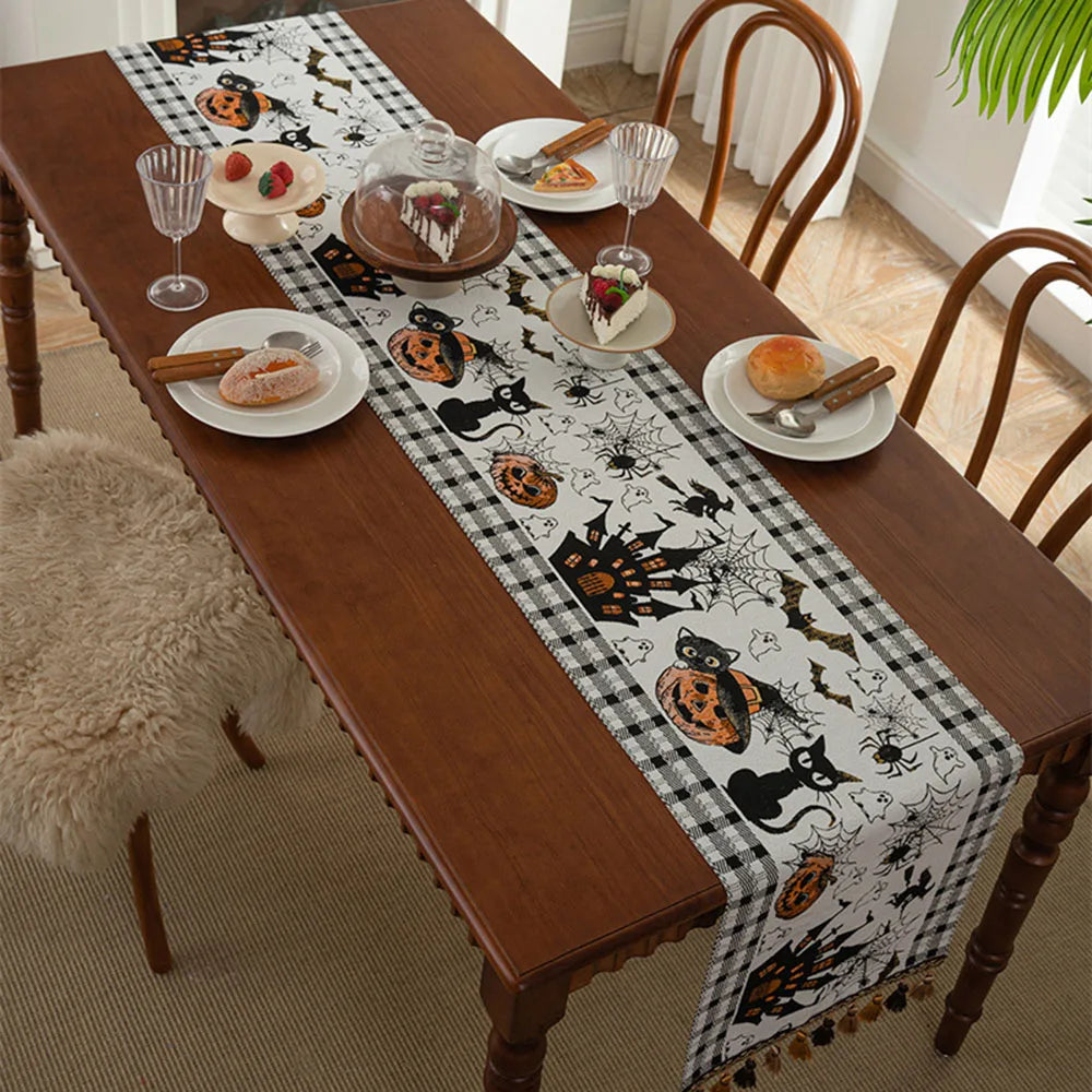 Decoração de Halloween: Caminho de Mesa de Ação de Graças com Abóboras, Toalha de Mesa Jacquard Tingida em Fio com Borda de Borlas, Capa de Mesa, Decoração para Casa
