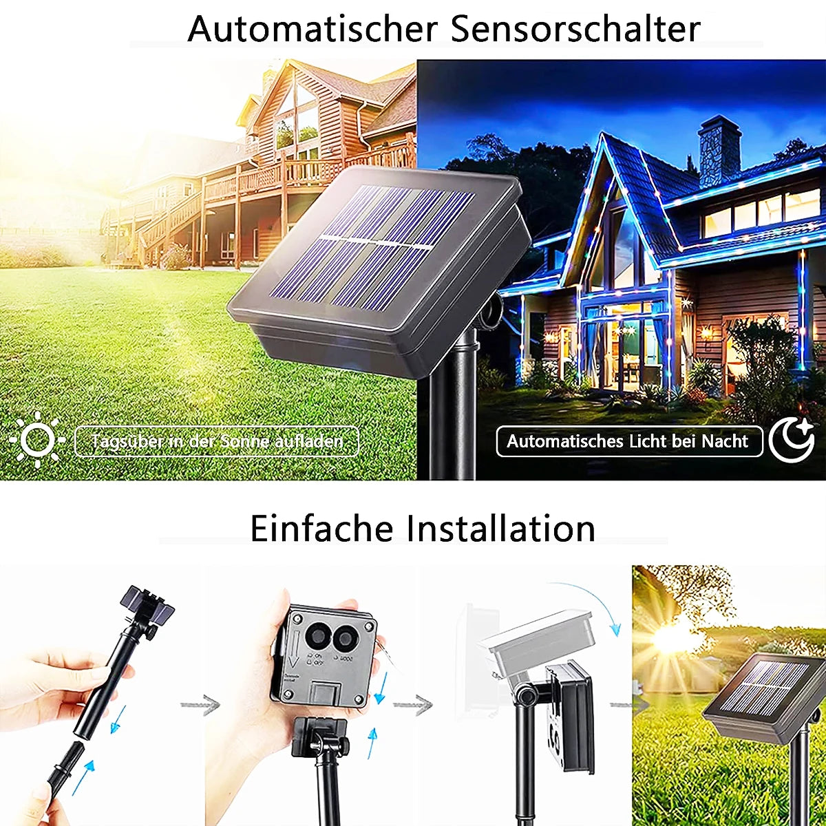 Luzes de Cordão Solar 200 LED à Prova d'Água para Exterior, Luzes de Fada Alimentadas por Energia Solar com 8 Modos para Decoração de Natal em Jardim, Quintal e Árvore