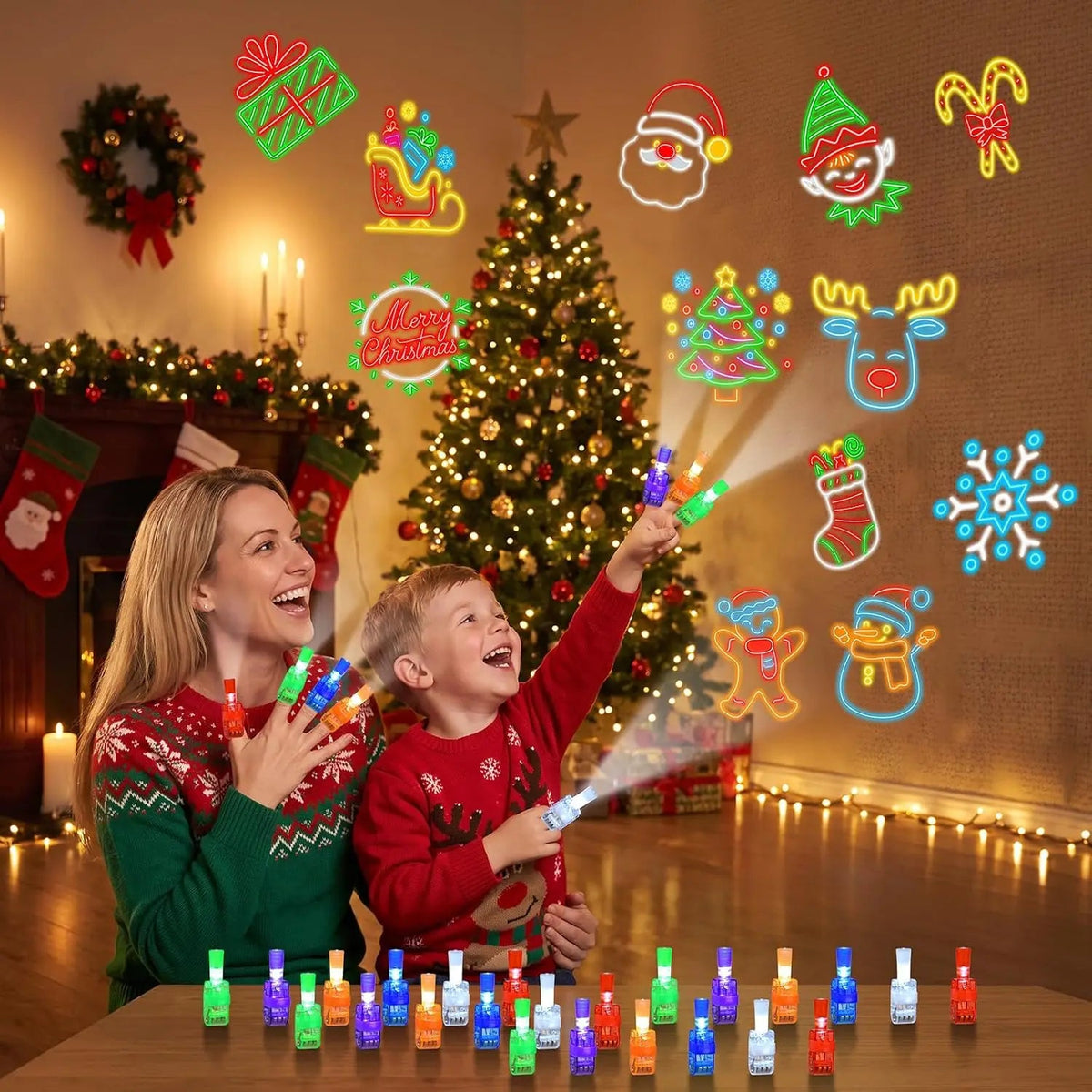 Luzes de Projeção de Dedos de Natal, Luzes de Dedos que Brilham no Escuro para Festas, Lembrancinhas de Natal, Lâmpada de Dedo LED com Padrão Aleatório
