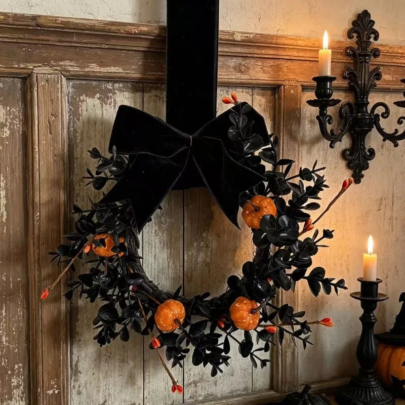 Guirlanda de Abóbora de Halloween com Laço, Guirlanda de Frutas Vermelhas de Outono, Decoração para Porta da Frente