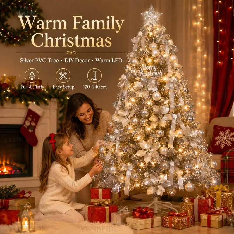Árvore de Natal Artificial Prateada em PVC 120-240cm de Alta Qualidade com Luzes LED Quentes, Decoração para Festa de Natal em Casa