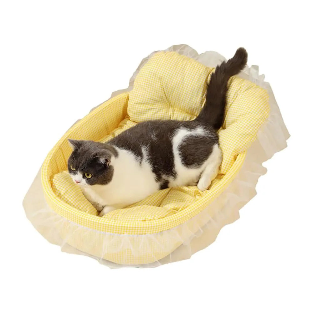 Cama Sofá Princesa para Gatos com Renda, Lavável e Removível, de Pelúcia Macia Oval para Cães/Gatos Pequenos, para Todas as Estações
