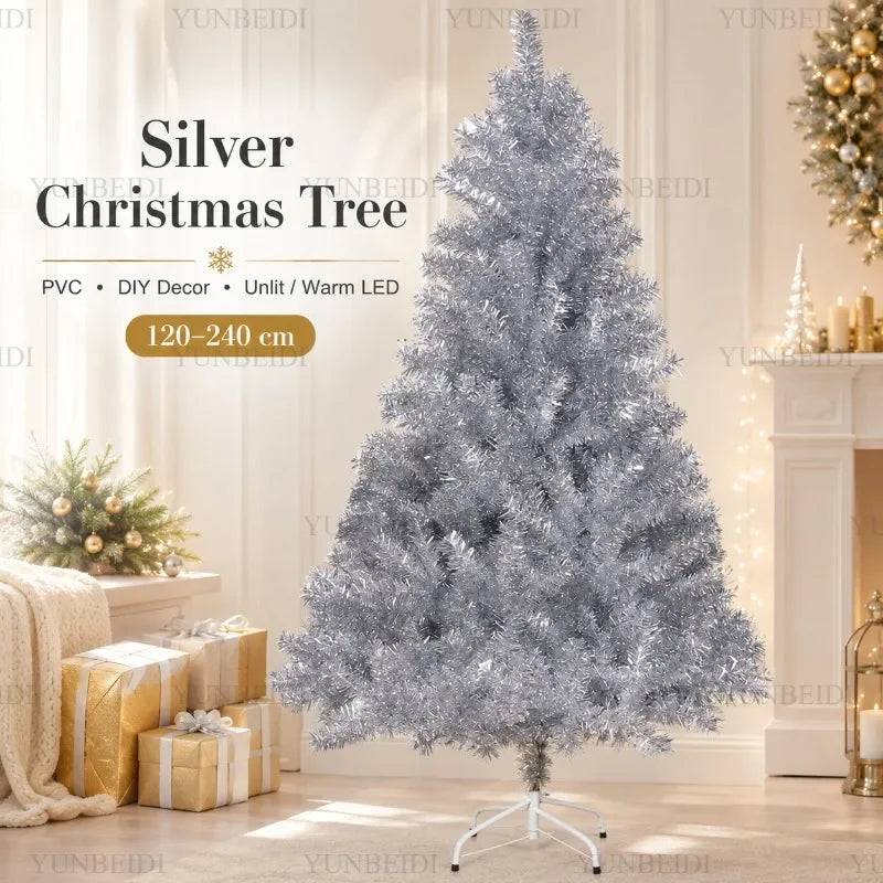 Árvore de Natal Artificial Prateada em PVC 120-240cm de Alta Qualidade com Luzes LED Quentes, Decoração para Festa de Natal em Casa