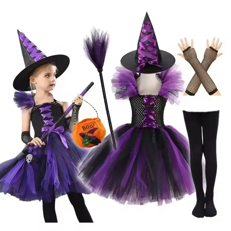 Crianças trajes de bruxa de halloween para meninas carnaval festa fantasia vestido crianças bruxas disfarce tutu roupa com vassoura chapéu