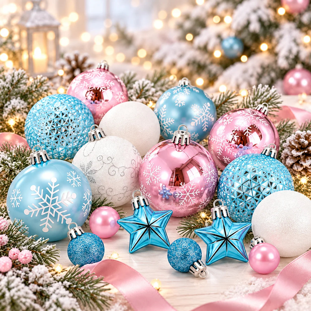 Conjunto de 44 enfeites de bolas de Natal, bolas azuis, rosas e brancas, floco de neve e estrela para decoração de árvore de Natal.