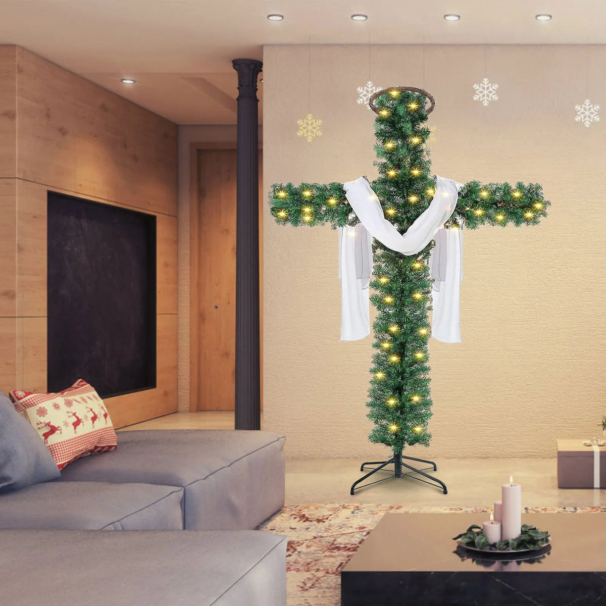 Decoração de interiores de Natal, árvore de Natal, cruz, árvore de Páscoa