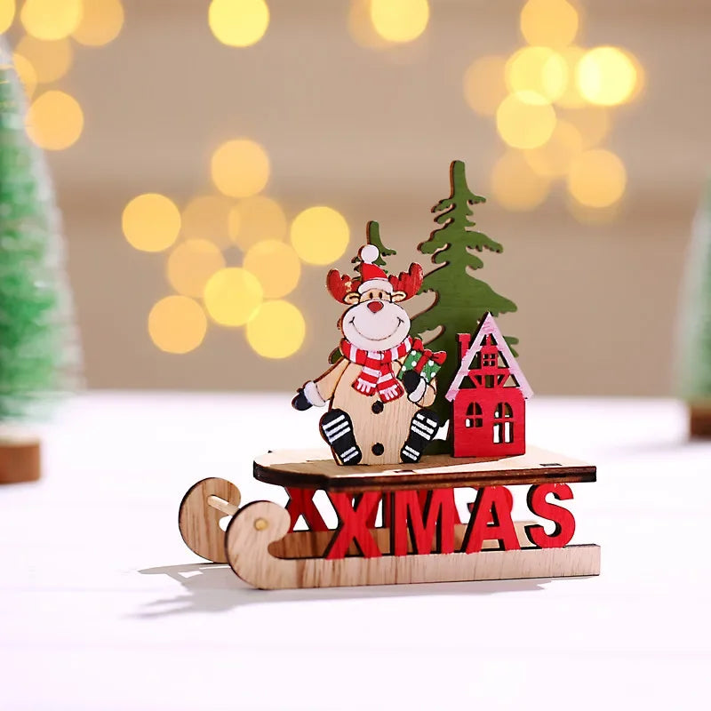 Decorações de natal de madeira diy trenó esqui dos desenhos animados santa ornamento de mesa presente das crianças pequeno presente